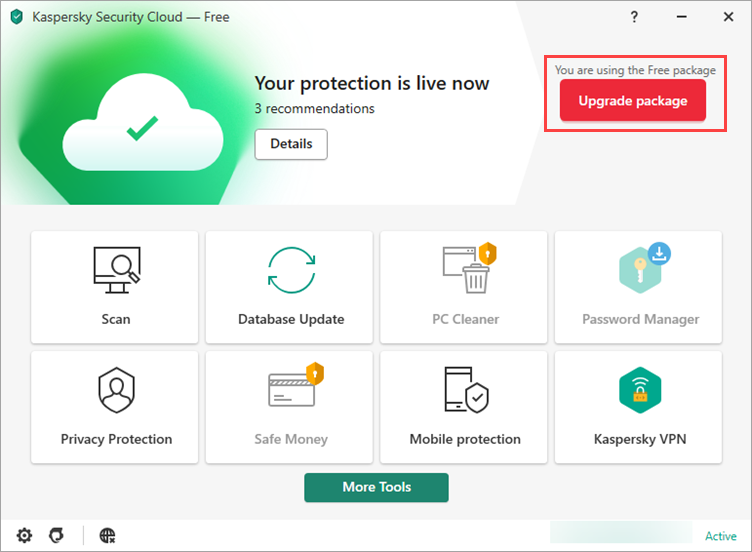 Kaspersky Security Cloud free antivirus dashboard view.