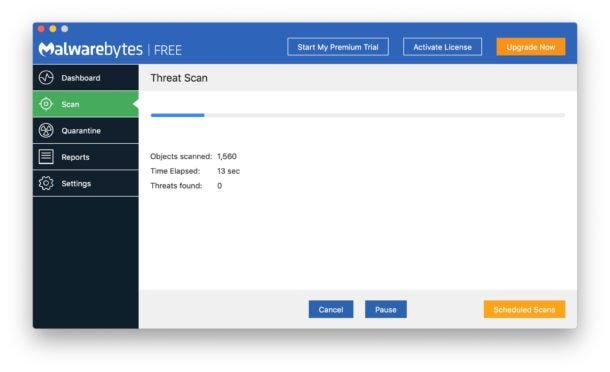 Malwarebytes free antivirus scanning screen.