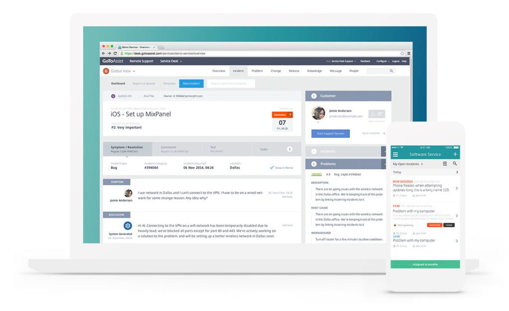 LogMeIn GoToAssist Service Desk dashboard on desktop and mobile